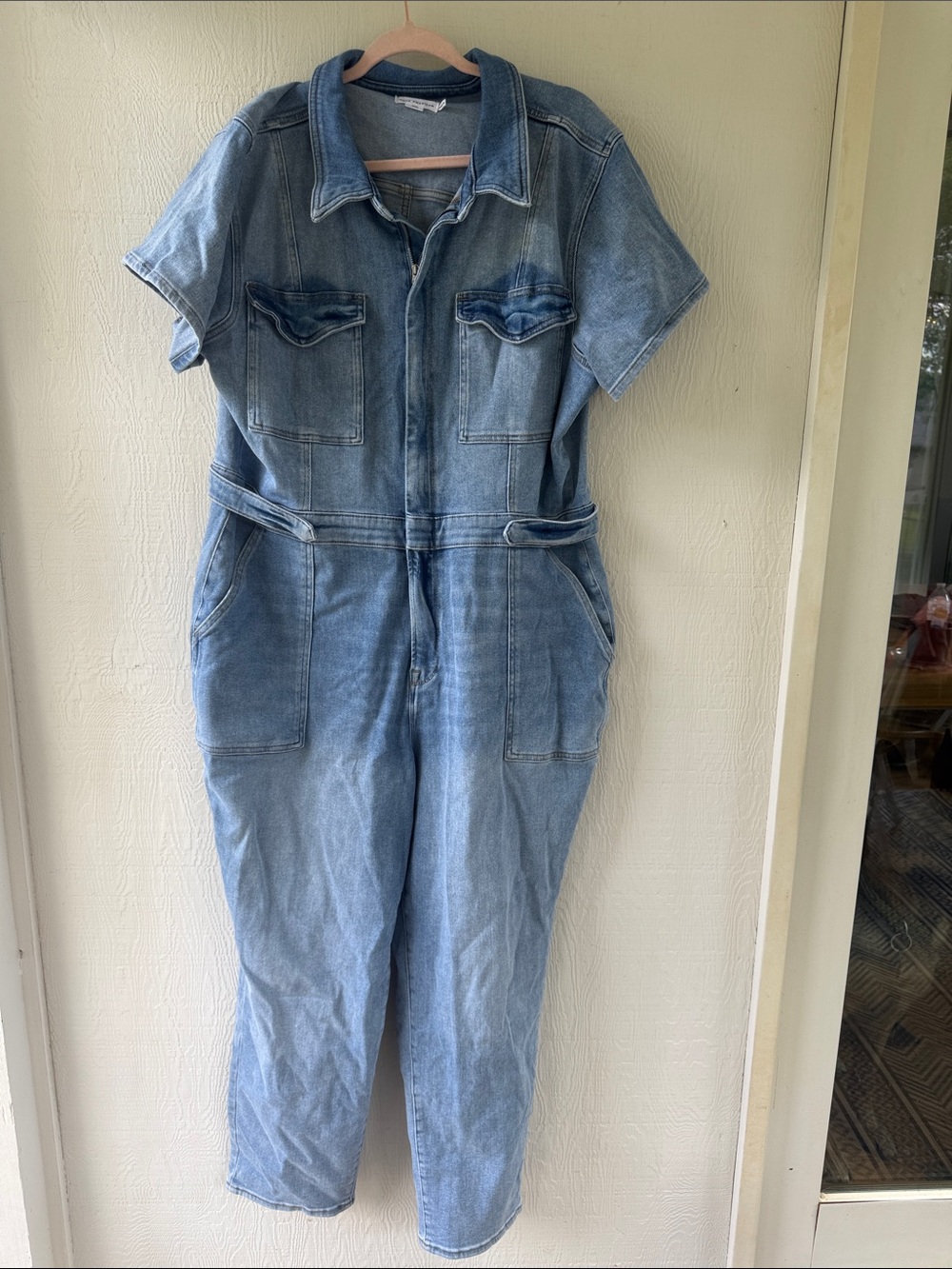 Good American Light Blue Denim Short-Sleeve Jumpsuit
